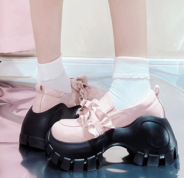 JK Uniform Pink Black Platform Shoes With Bow Ties 21892:331960 21892:331960