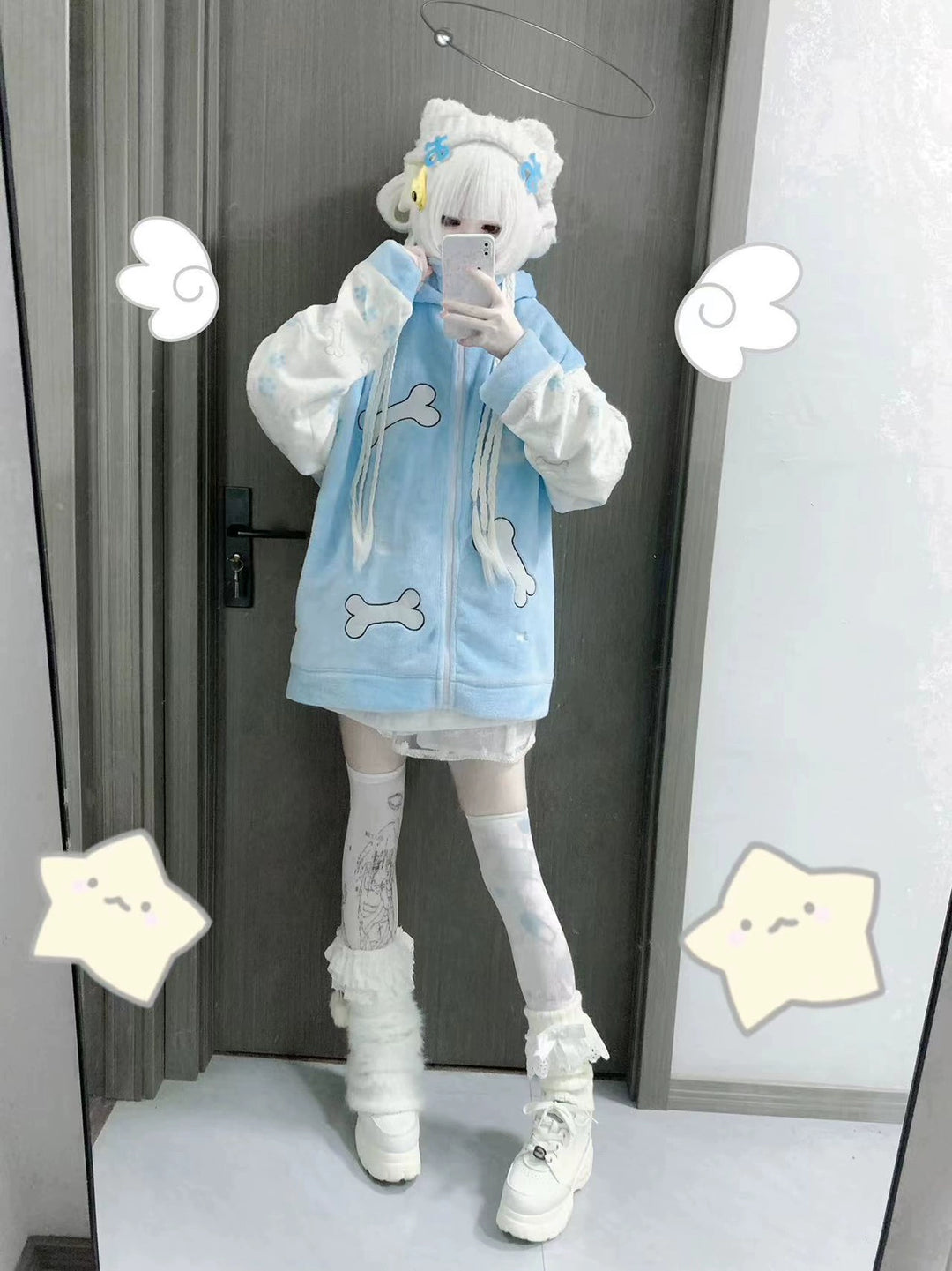 Tenshi Kaiwai Coat Plush Jacket Blue Anime-inspired Homewear 38226:592786