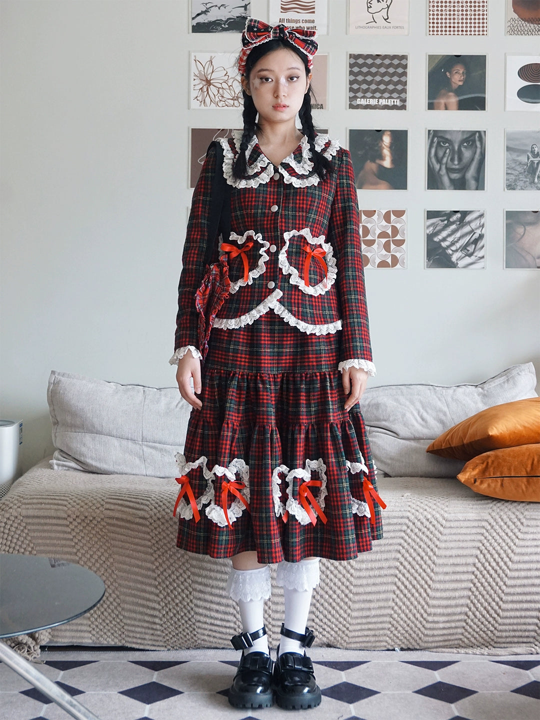 Retro Lolita Skirt Showa Christmas Winter Red Plaid Skirt 40316:662946