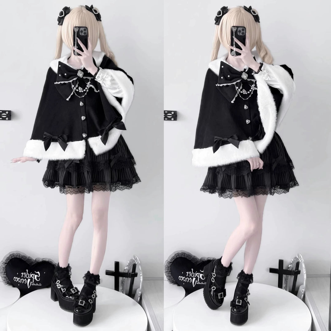 Jirai Kei Cape Plush Coat With Rhinestone Bow Knot 42149:728580