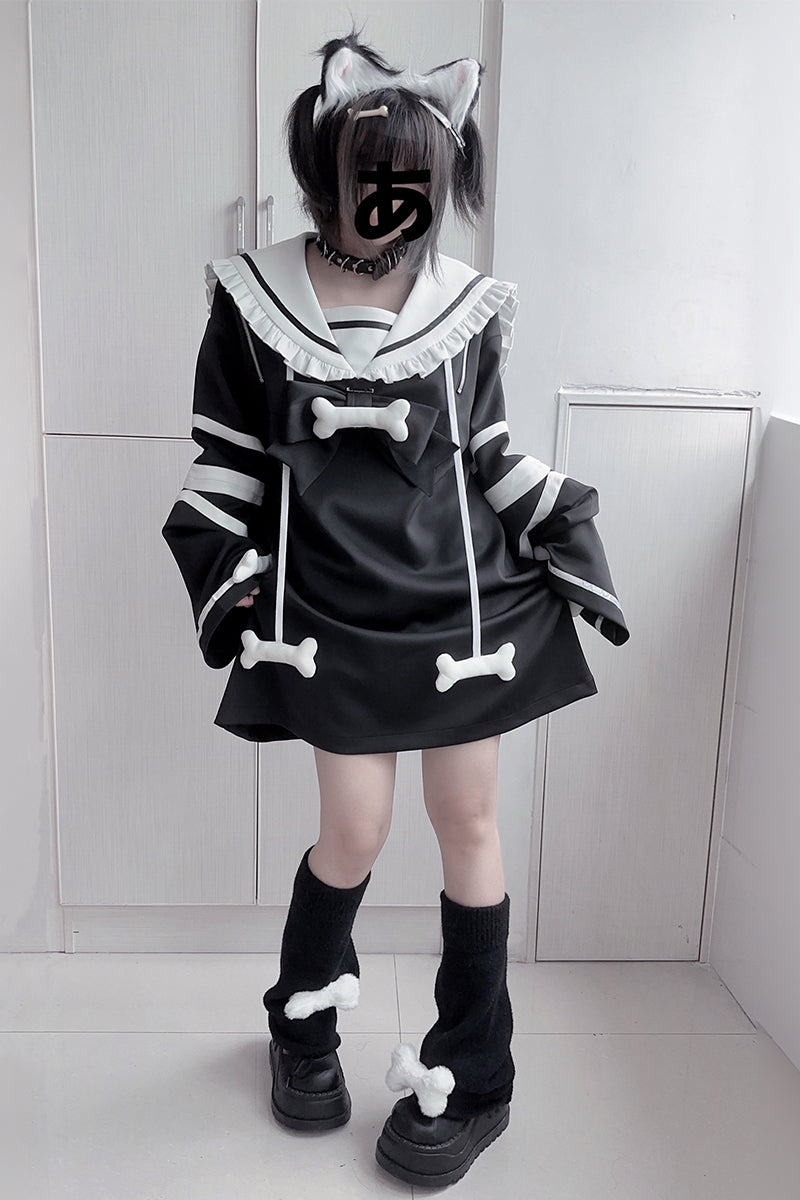 Jirai Kei Black White Dress Oversized Sailor Collar Dress 32016:380284 32016:380284