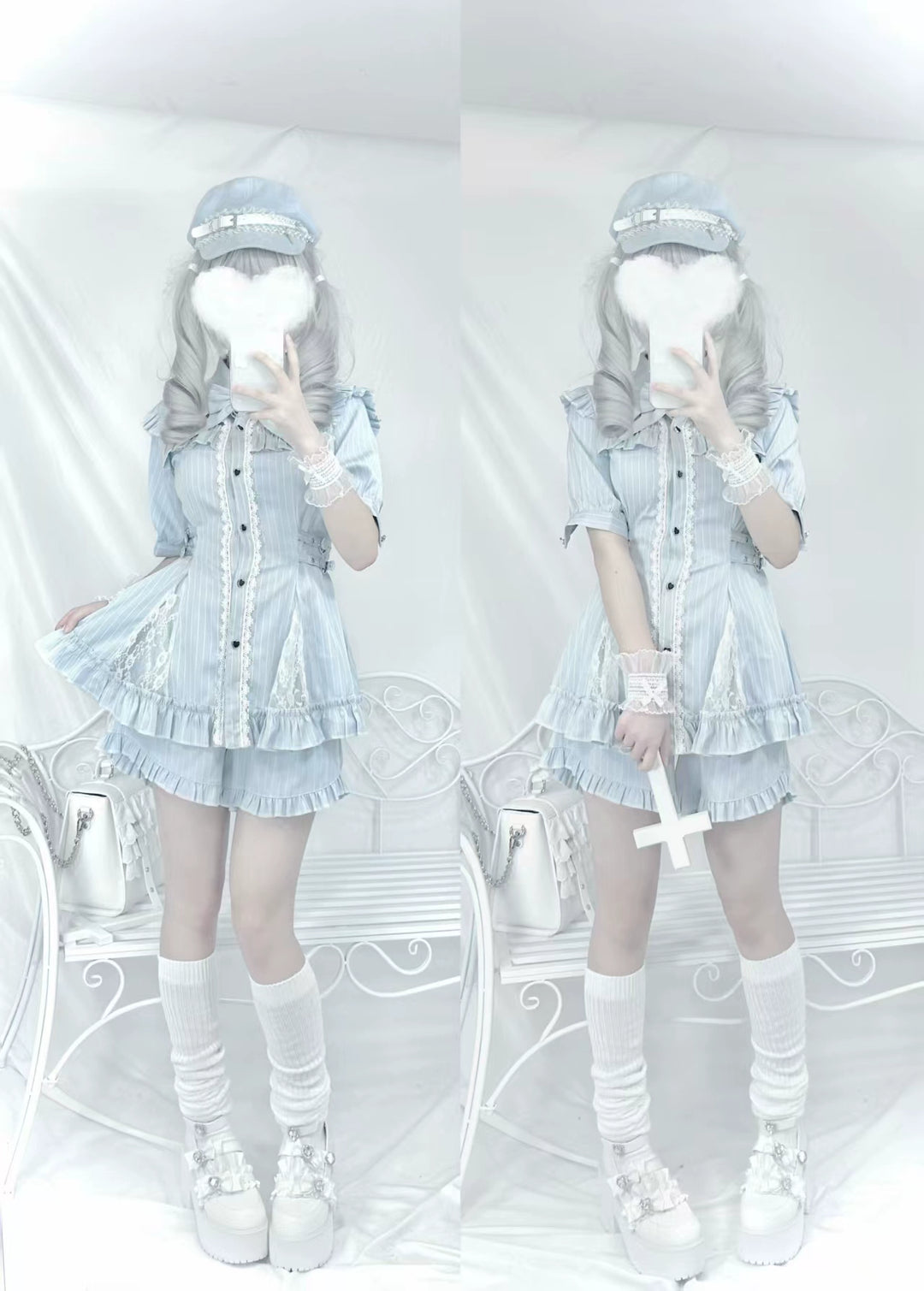 Lace Neck Jirai Kei Set Up, Pocketed Shorts (L M S XL) 43544:779012