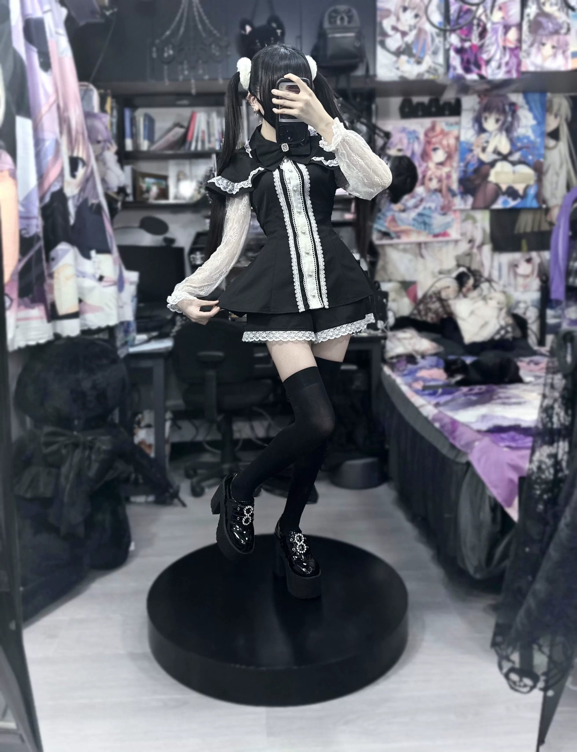 Jirai Kei Dress Set Lace Sleeve Black Cape Outfit Sets 37456:561384