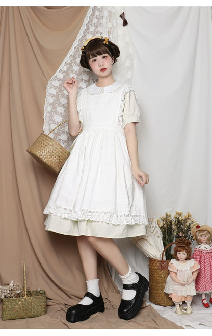 Lolita Dress White Apron Dress Cotton Suspender Skirt 36554:518678