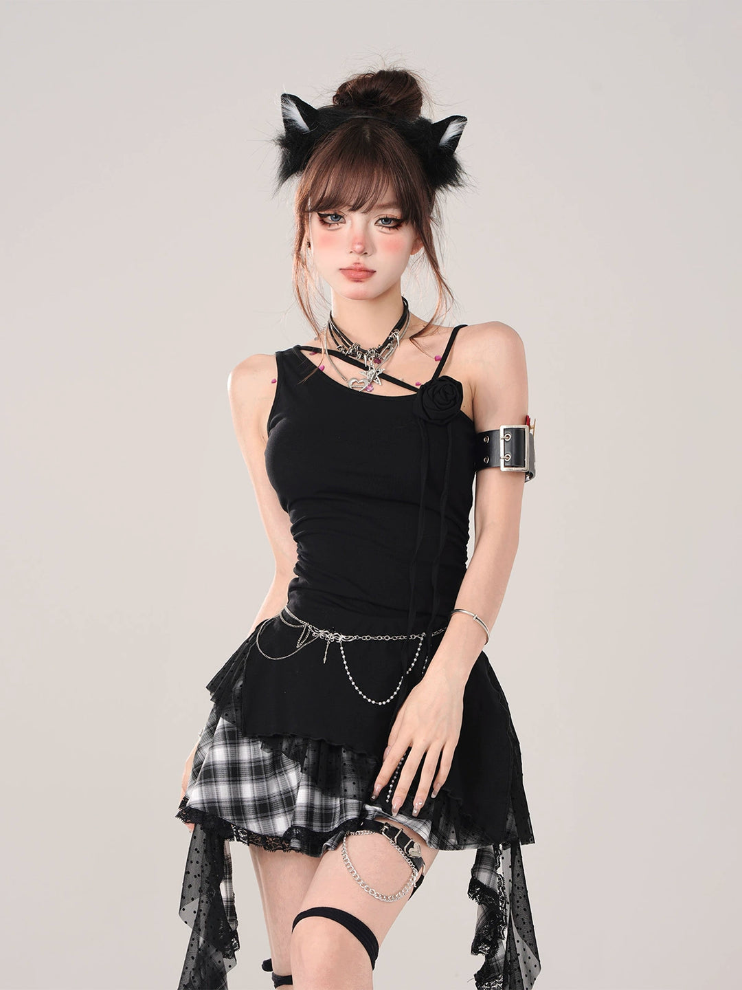 Gyaru Skirt Black Plaid Irregular Polka Dot Mesh Skirt 41996:722026