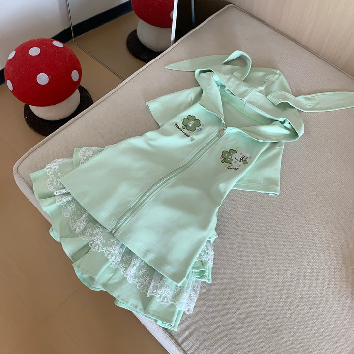 Bunny Eared Kawaii Outfit, Zip-Up Sweatshirt + Lace Skirt 43558:779752