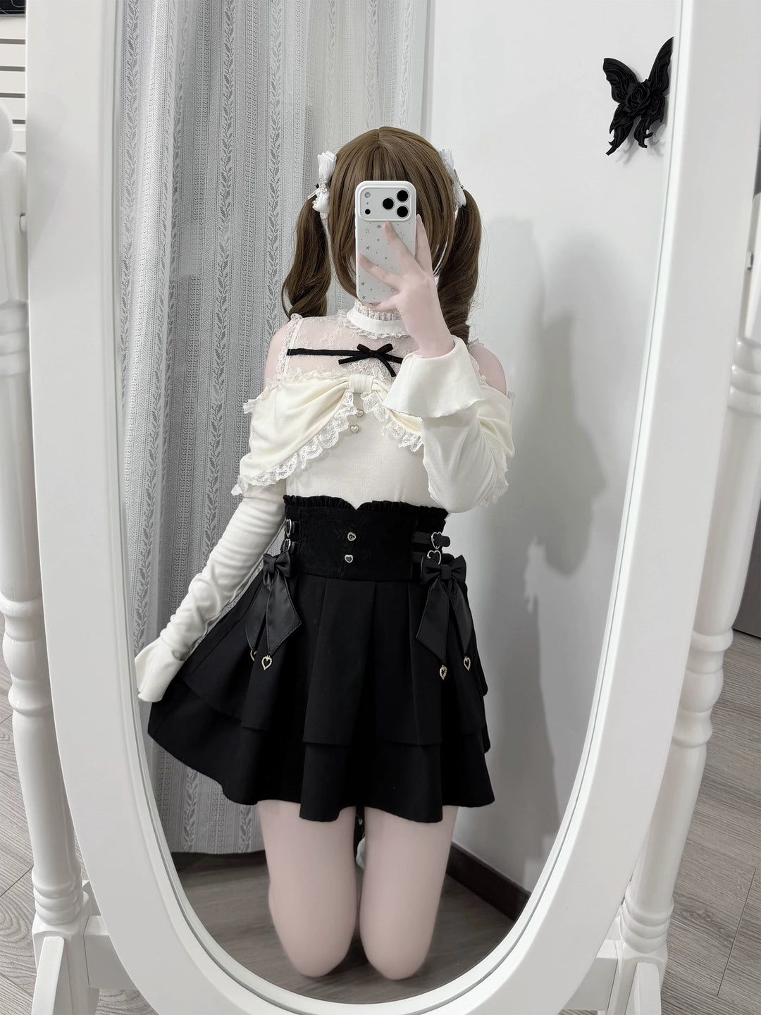 Seiso Kei Sweater and High Waist Skirt Set, Open-Shoulder 45989:871654