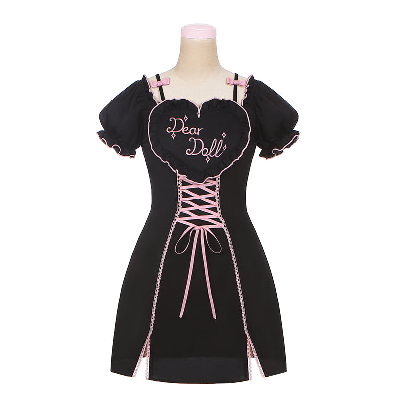 Jirai Kei Black Pink Lace Up Open Shoulder Dress 22498:333626