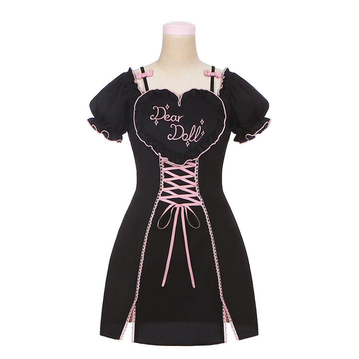 Jirai Kei Black Pink Lace Up Open Shoulder Dress (M S / Dress) 22498:333620