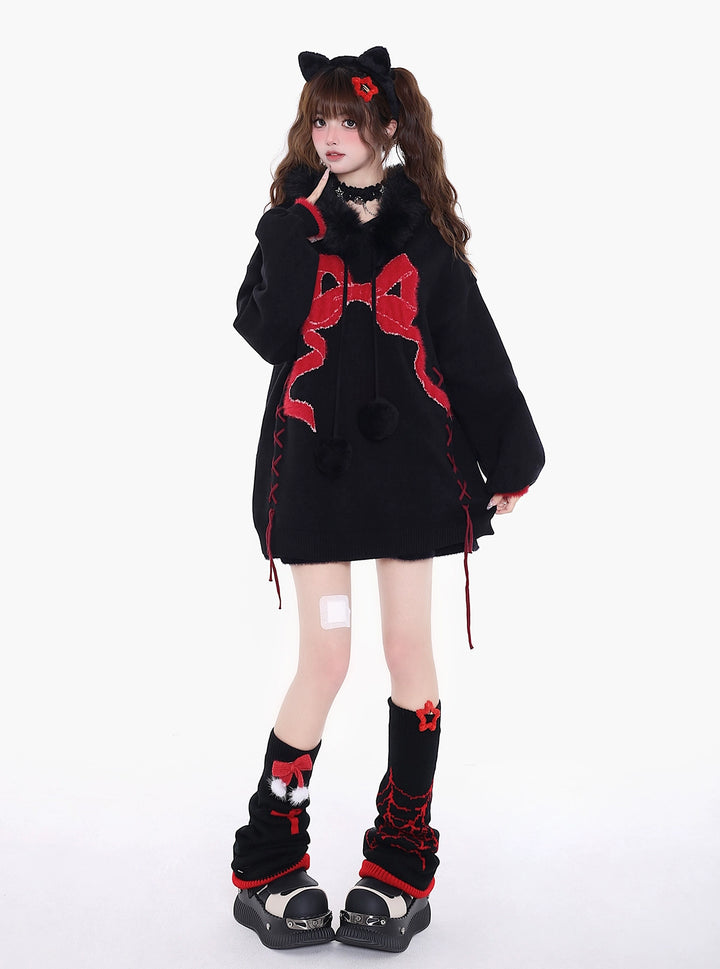 Yami Kawaii Sweater Bow Black Red Hoodie Detachable Collar 39556:639654