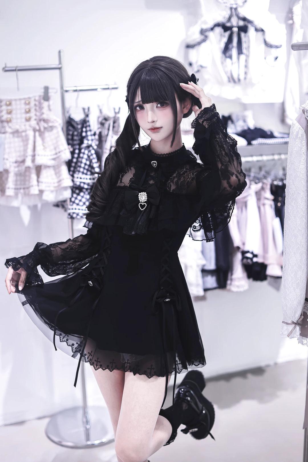 Black Jirai Kei Lace Dress, Cross-detail Hem 45837:864804