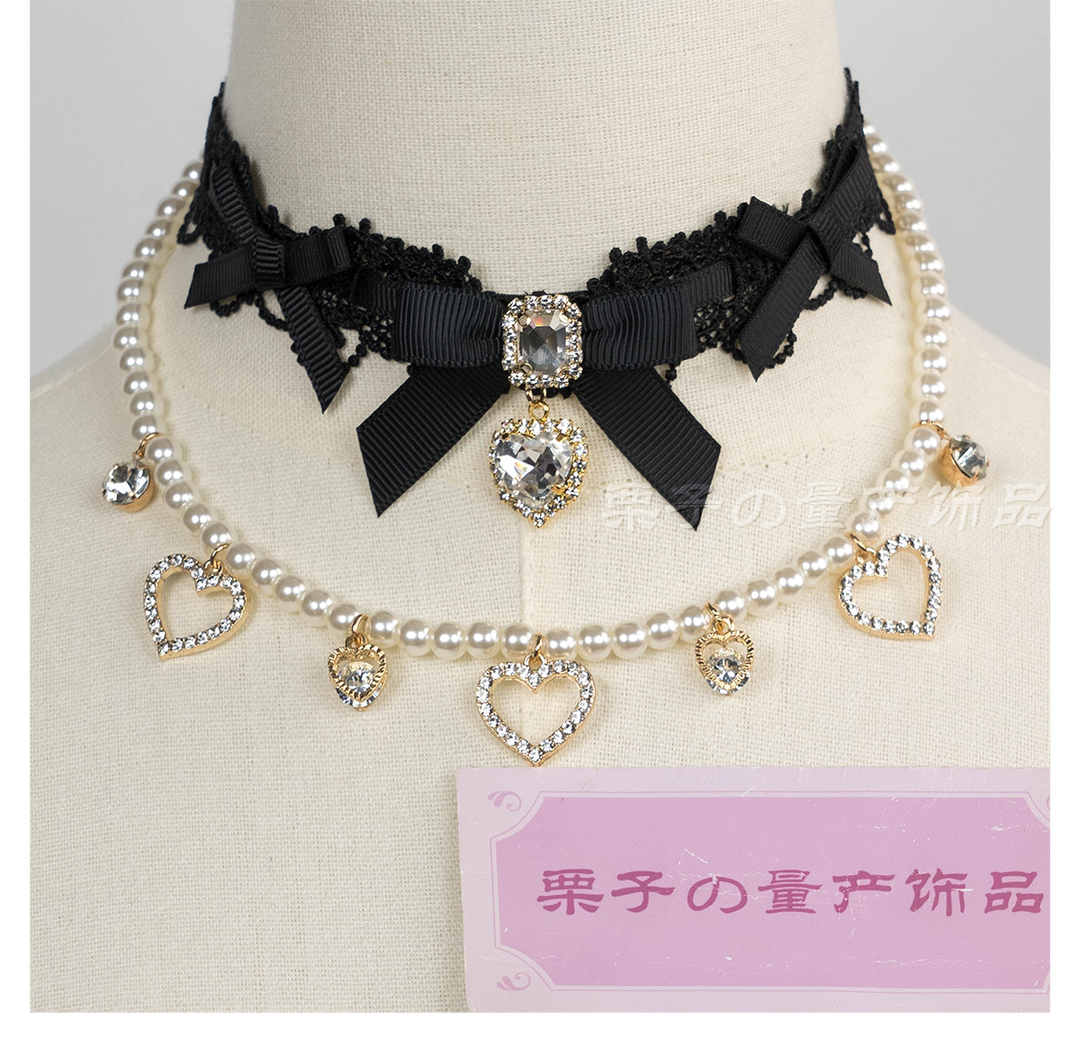 Jirai Kei Lace Choker, Detachable Faux Pearl Necklace 44010:793252