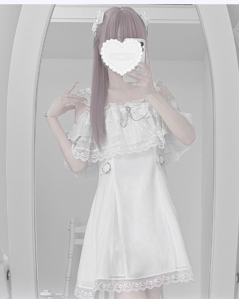 Solid White Jirai Kei Dress With Bust Sheer Overlay 43299:772976