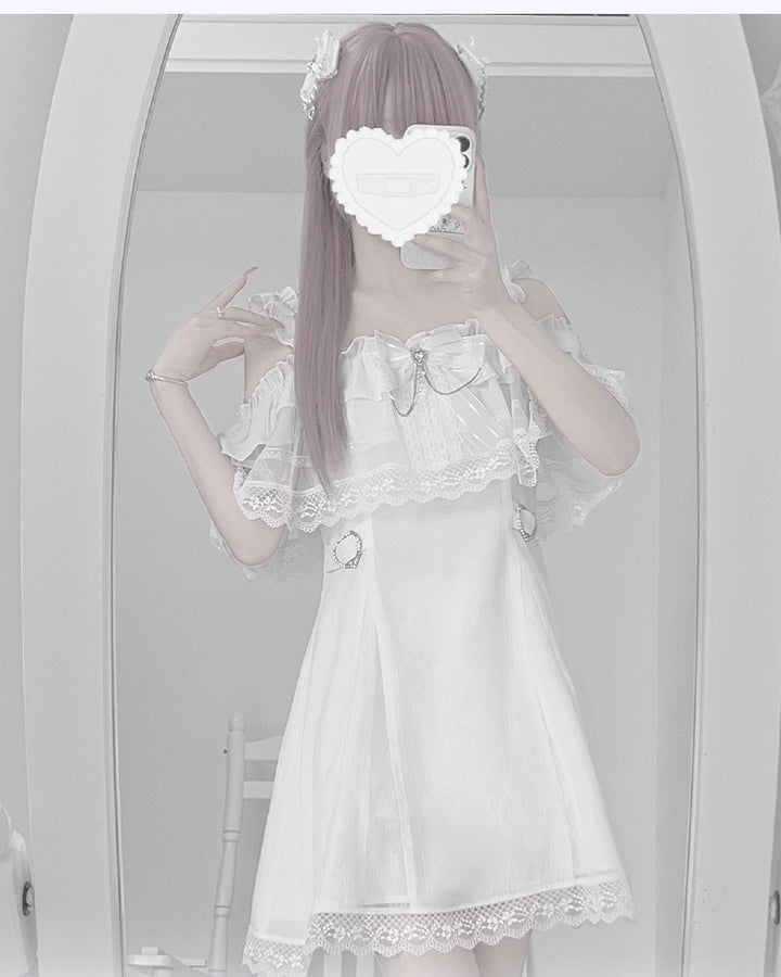 Solid White Jirai Kei Dress With Bust Sheer Overlay 43299:772976