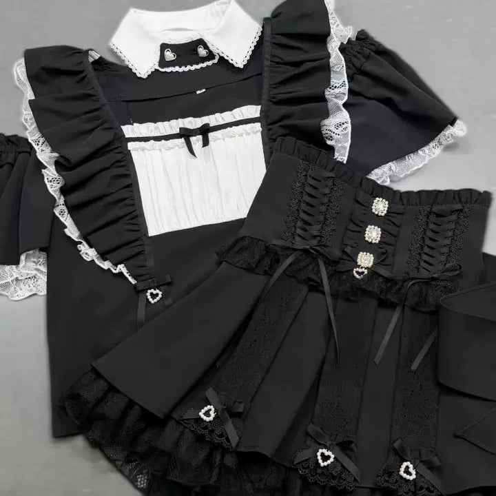 Jirai Kei High Waist Skirt, Lace Ruffle & Rhinestone 45843:865667