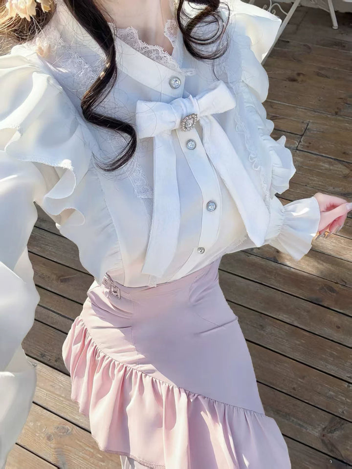Elegant White Blouse and Pink Mermaid Skirt Set 44511:810980