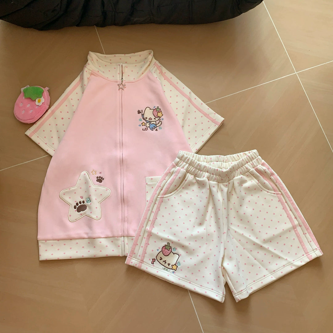Kawaii Jacket and Shorts Set, Star & Cat Embroidery (L M S) 45640:857459