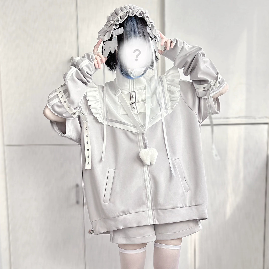 Jirai Kei Outfits Set Gray Black Jacket And Shorts Set 35728:502652 35728:502652