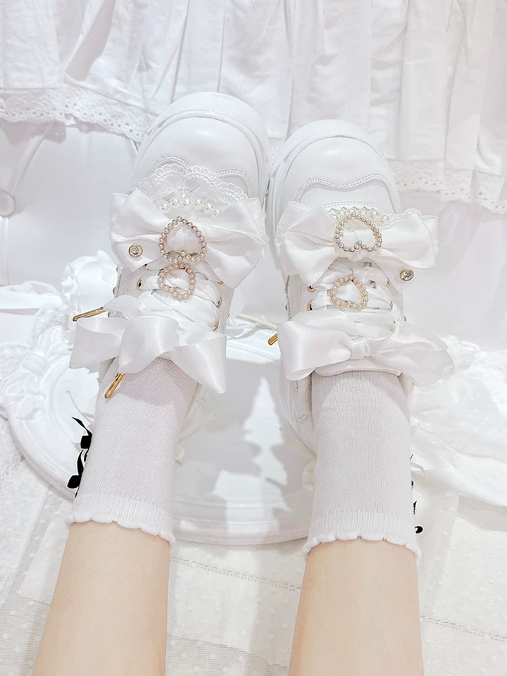 Jirai Kei Bowknot Shoe Clips, Heart-Shaped Faux Pearl 45356:845562
