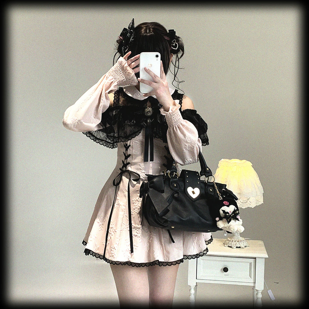 Jirai Kei Open-Shoulder Dress, Bust Lace Flounce Hem 44468:809909