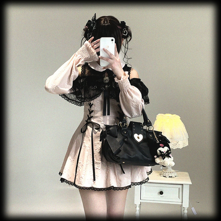 Jirai Kei Open-Shoulder Dress, Bust Lace Flounce Hem 44468:809909