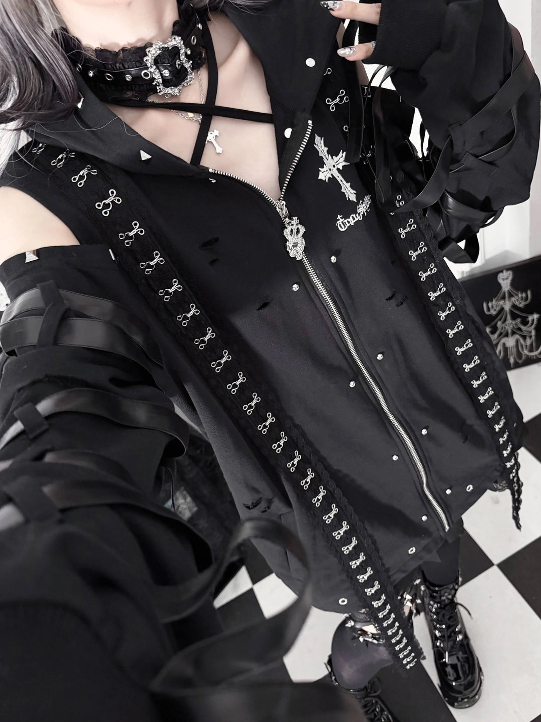 Gothic Open-Shoulder Hoodie Jacket with Devil Horns 46063:875398