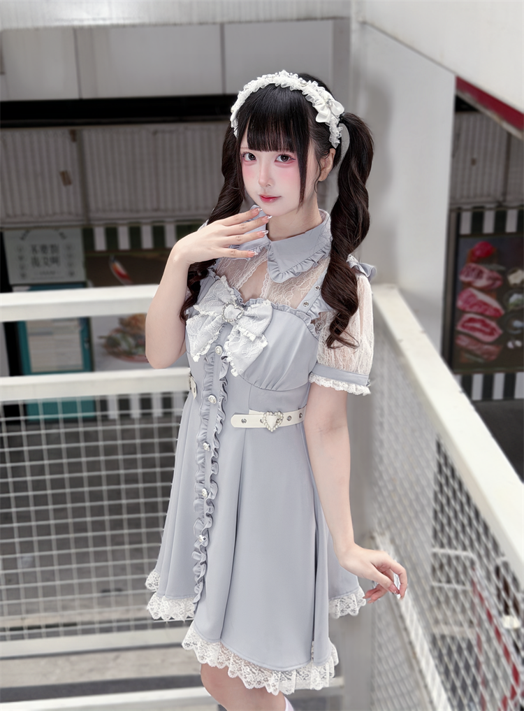 Dusty Blue Ryousangata High Waist Dress, Upper Lace Panel 45574:856212