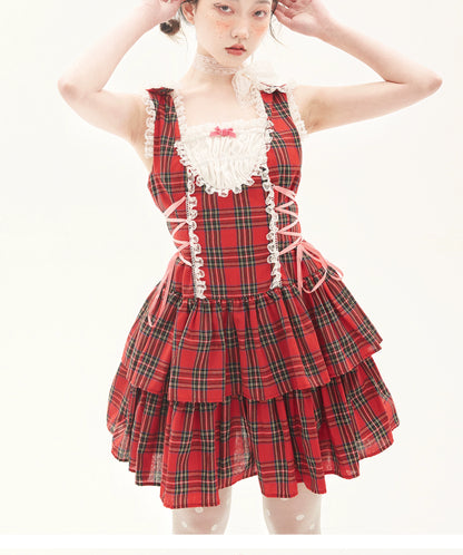 Lolita Dress Retro Red Plaid Dress Cool Girl Dress (Red / M S) 36162:543204