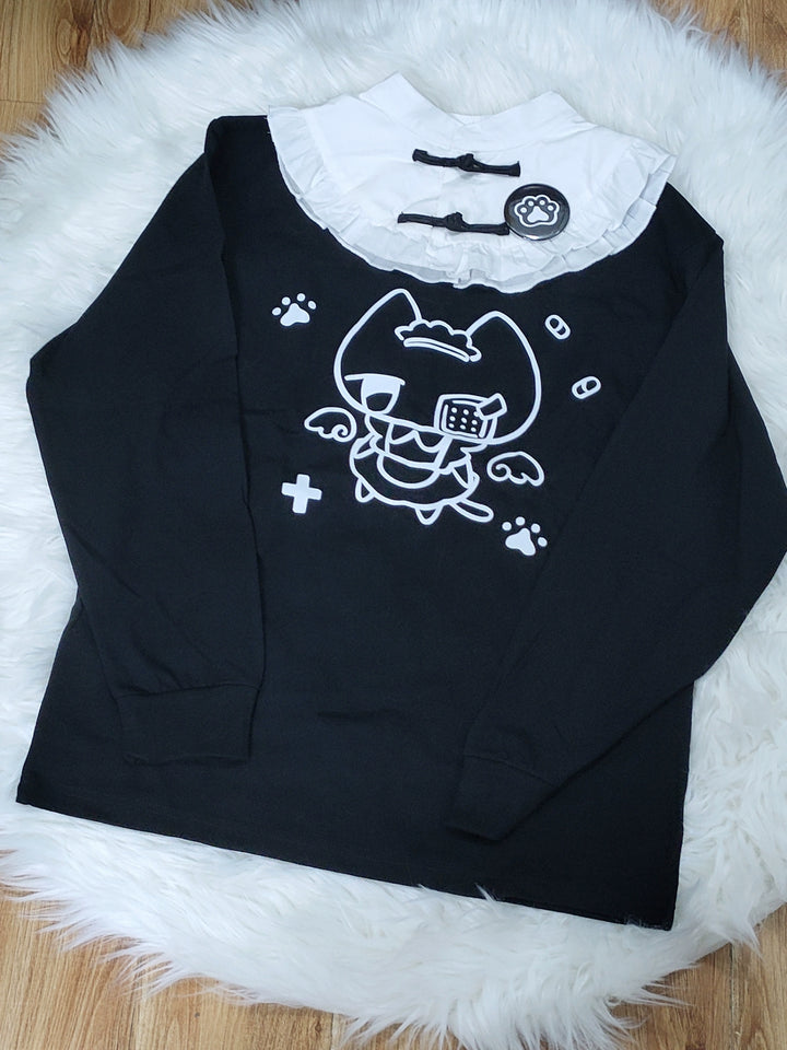 Jirai Kei Black Blue Hoodie With Cat Print 29252:340306