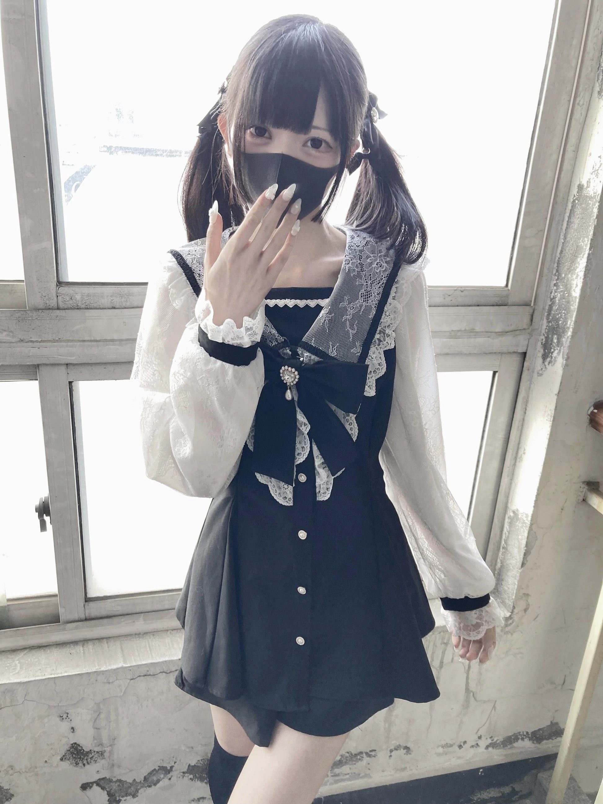 Black Jirai Kei Set Lace Sleeve Sailor Collar Dress Shorts 37650:567930