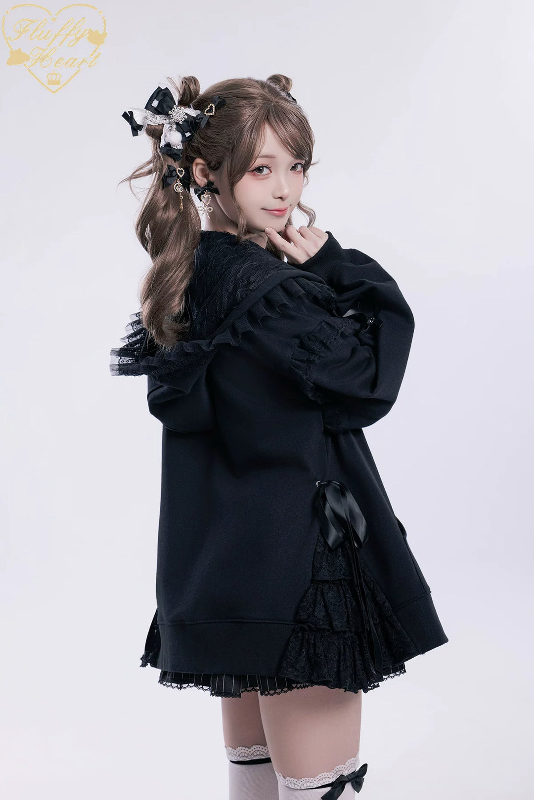 Lace-Trim Hoodie Coat, Side Pocket 45227:842226