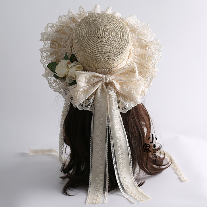 Mori Kei Sunhat Beige Country Lolita Hat With Lace Bow And Soft Straw 42247:733497