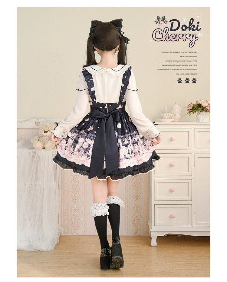 Kawaii Ryousangata Dress Long-sleeved Cat Printed OP Dress 40560:664808