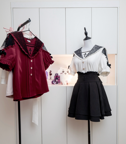 Jirai Kei Cross Blouse High Waist Skirt Short Sleeve Shirt 37118:552558