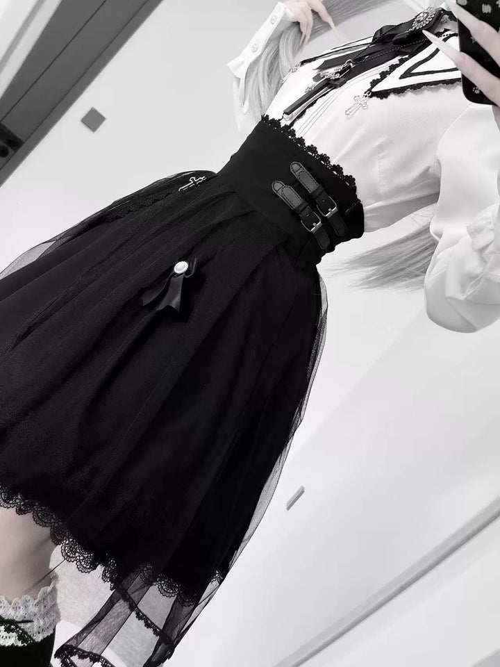 Jirai Kei Pointed Collar Blouse, Black High-Waist Skirt 44216:804930