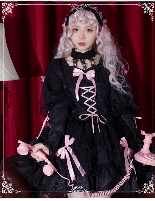 Gothic Lolita Dress Long Sleeve Dress Black Pink Puffy Dress 32084:381972