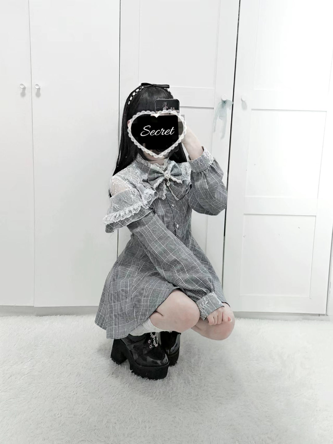 Jirai Kei Dress Set Gray Plaid Long-sleeved Dress And Shorts 41568:704956