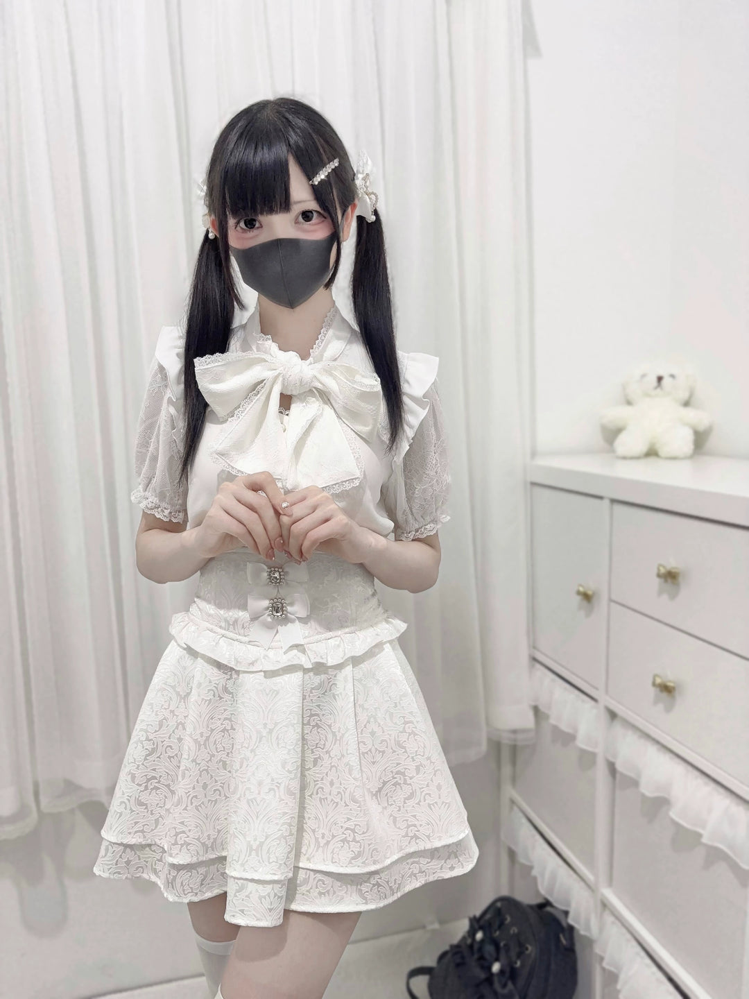 Jirai Kei Blouse Lace Bow Tie Lace Short Sleeve Shirt 38740:600500