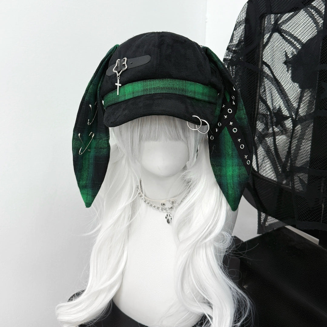 Plaid Punk Beret Hat, Bunny Ears, Safety Pins (M / Green) 43833:786493