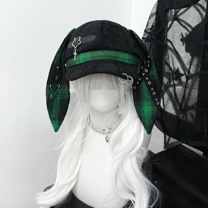 Plaid Punk Beret Hat, Bunny Ears, Safety Pins (M / Green) 43833:786493