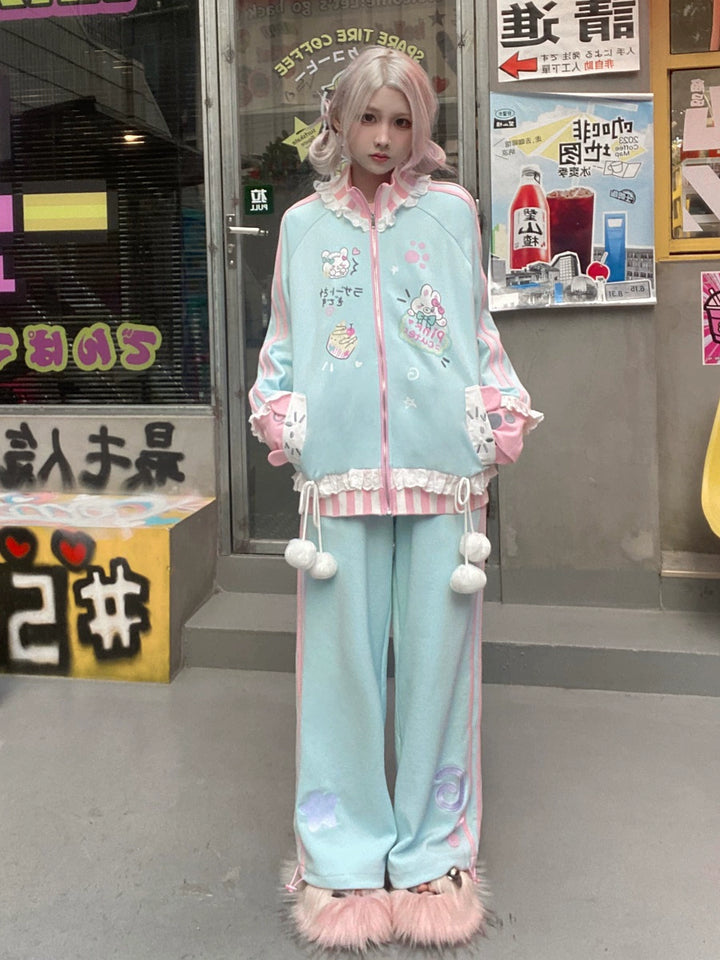 Tenshi Kaiwai Light Blue Grey Coat Pants Ruffle Collar Coat (L M S) 29184:337212 (L M S) 29184:337212