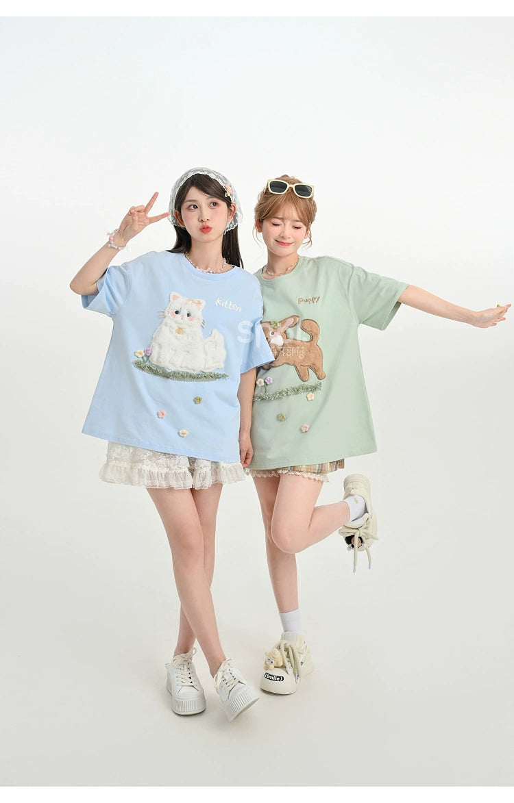 Kawaii T-shirt Short Sleeves Cotton Top Patch Embroidery 35896:559524