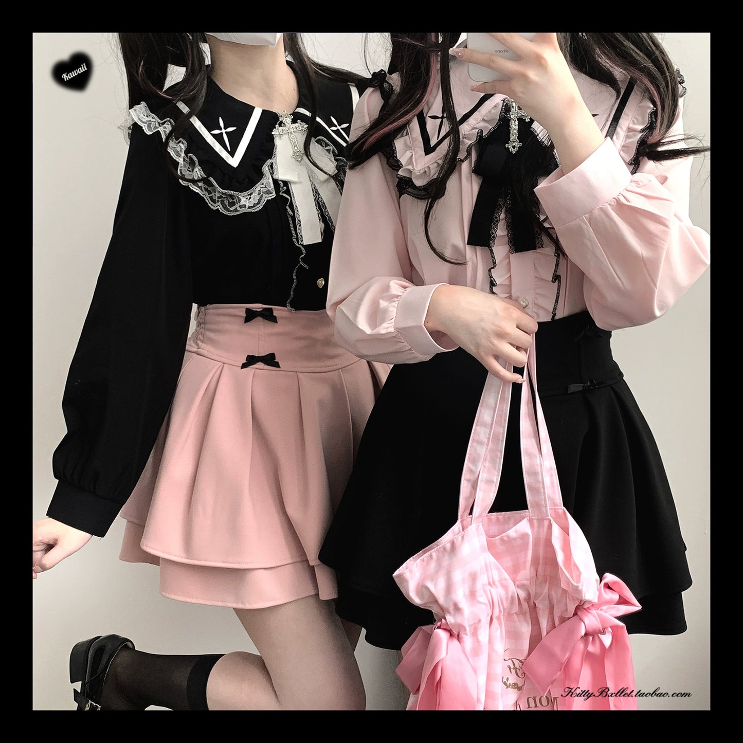 Jirai Kei Blouse Sailor Collar Shirt Cross Lace Long Sleeve Blouse 36780:537400