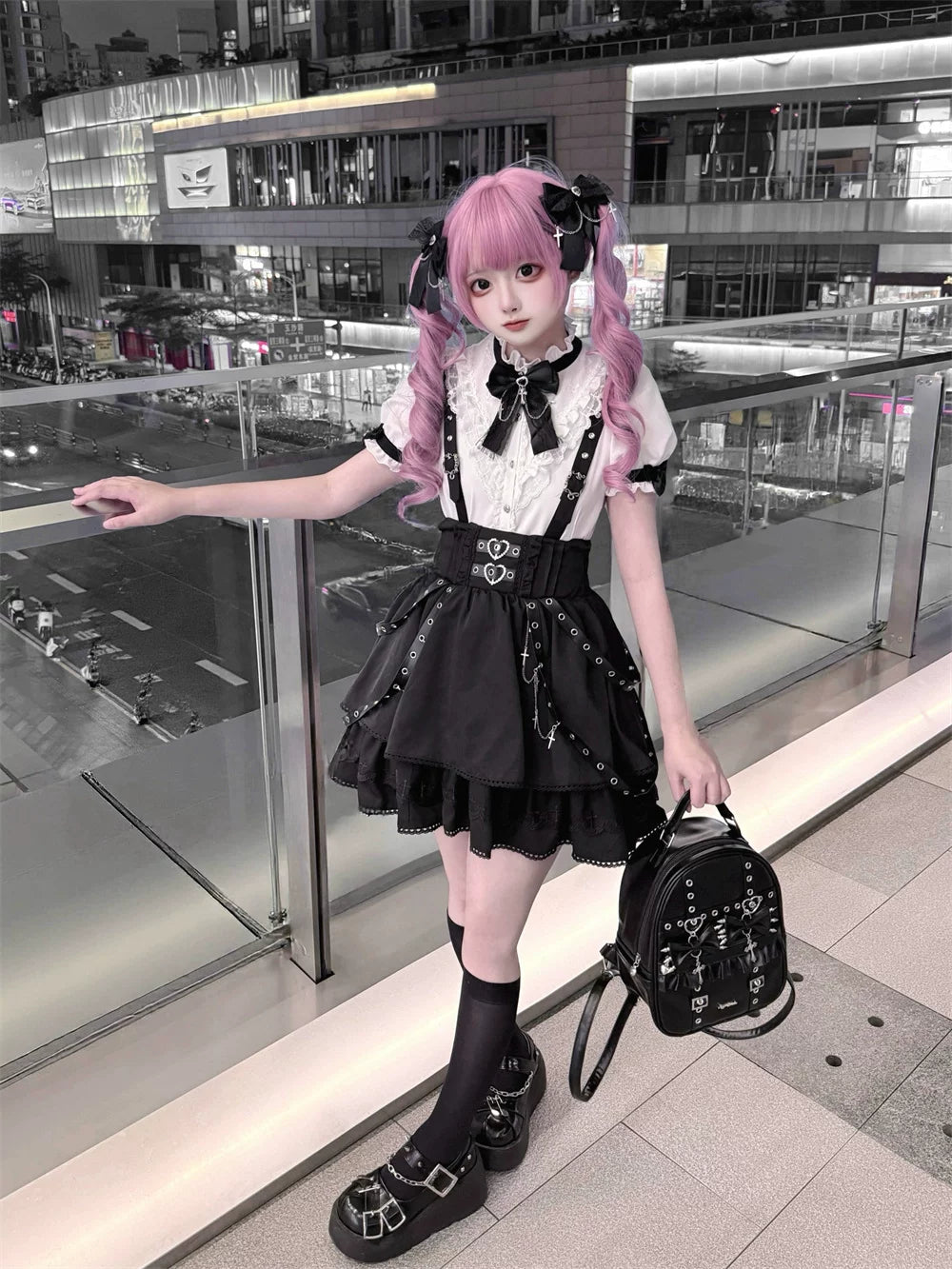 Punk Suspender Skirt, Stand Collar Blouse 45578:855977