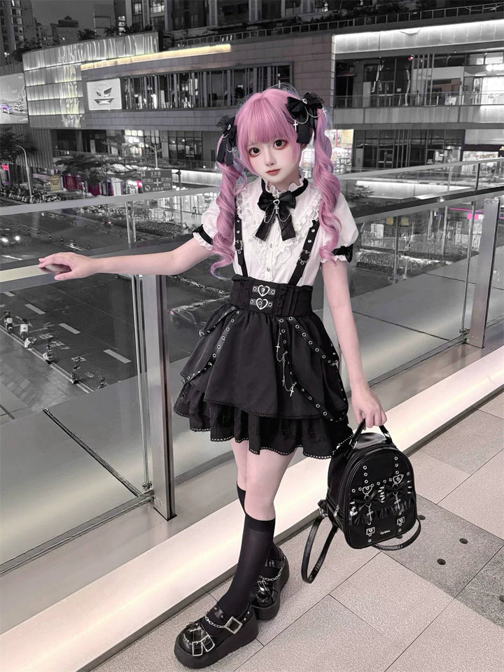 Punk Suspender Skirt, Stand Collar Blouse 45578:855977