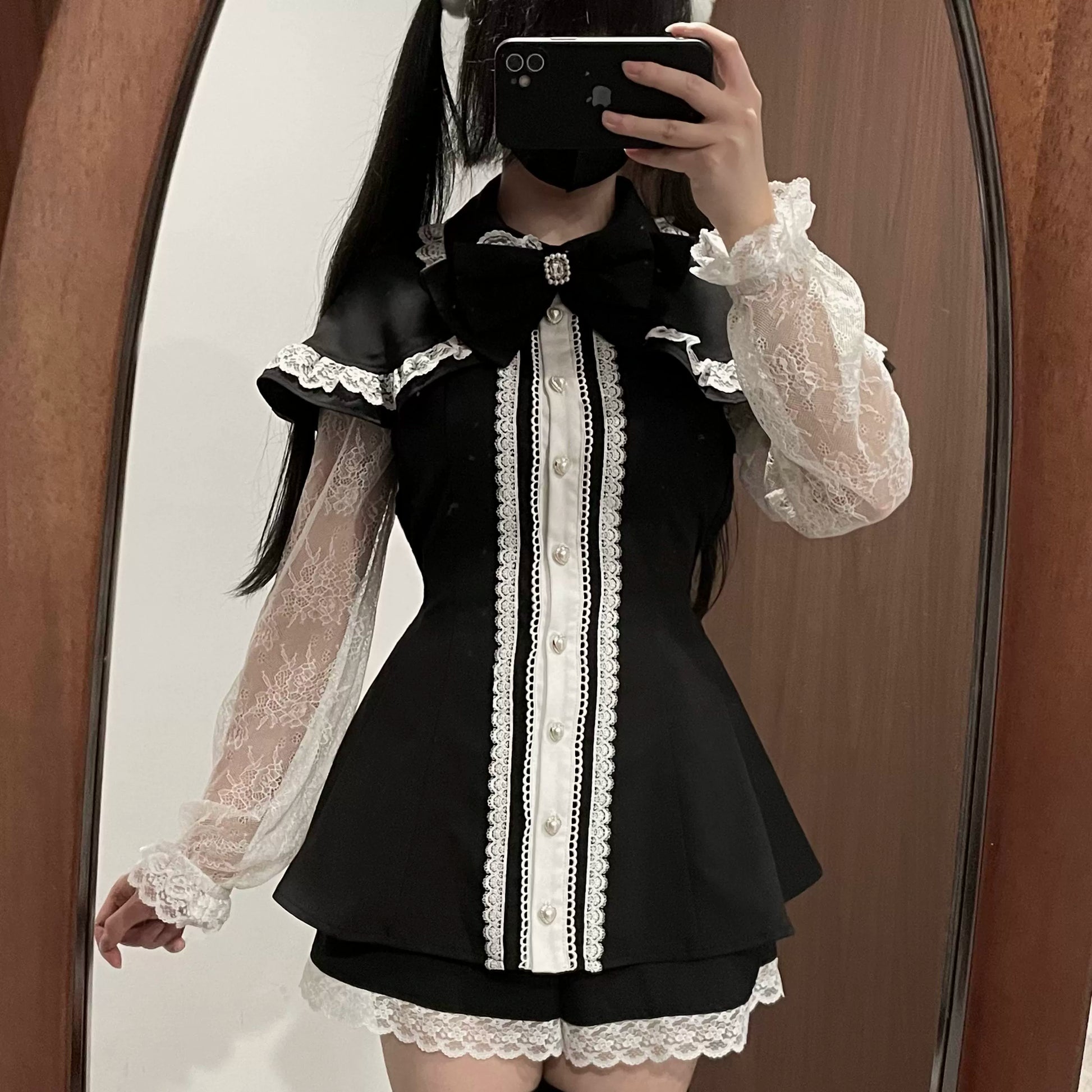 Jirai Kei Dress Set Lace Sleeve Black Cape Outfit Sets 37456:561404