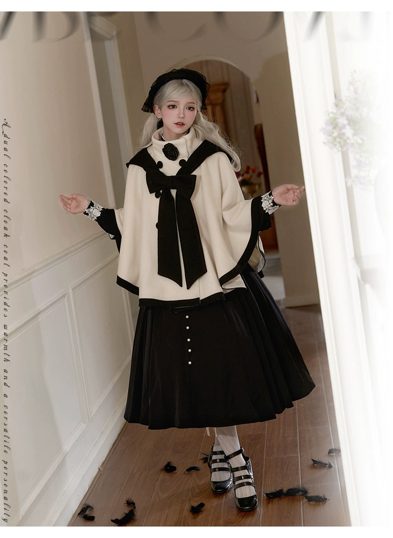 Elegant Lolita Winter Coat Black and White Camellia Cape 40284:658170