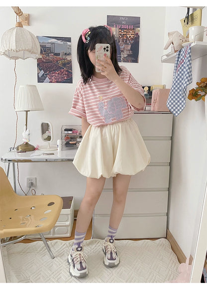 Kawaii Aesthetic Shirt Striped Short Sleeve Cotton Top 36562:518476