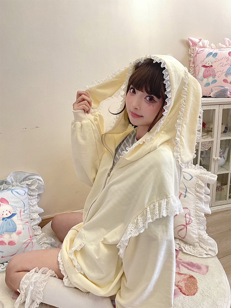 Fairy Kei Bunny Ears Hoodie Lace Coat Multicolor (Cream) 22654:345404 (Cream) 22654:345404