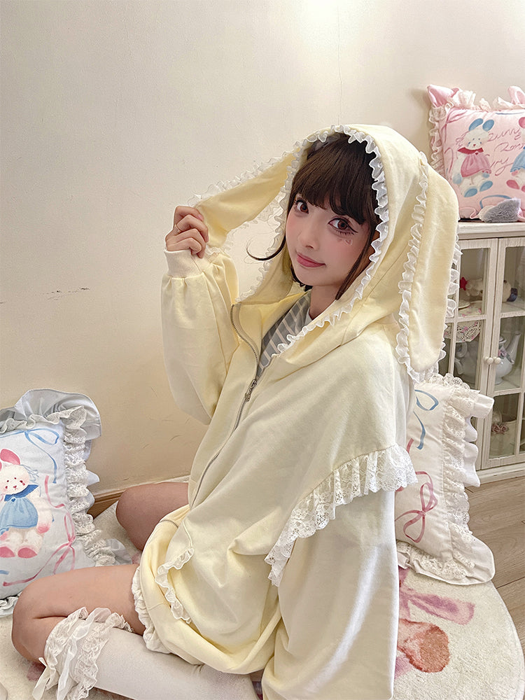 Fairy Kei Bunny Ears Hoodie Lace Coat Multicolor (Cream) 22654:345404